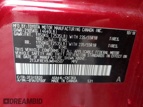 2018 Toyota RAV4 SE with VIN 2T3JFREV9JW846507, listed as a Copart auction lot 59038805 with Not provided miles and Salvage title. Bid and sale history available at DreamBid. Image 13.