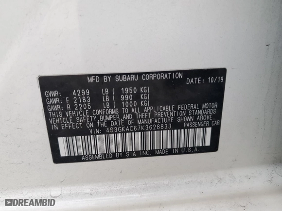 2019 Subaru Impreza Premium with VIN 4S3GKAC67K3628833, listed as a Copart auction lot 43276695 with 50,318 mi miles and Salvage Title. Bid and sale history available at carsss.com. Image 12.