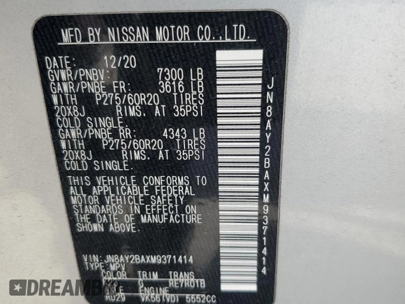 2021 Nissan Armada SL with VIN JN8AY2BAXM9371414, listed as a Copart auction lot 84722504 with 97,185 mi miles and Clean Title. Bid and sale history available at carsss.com. Image 13.