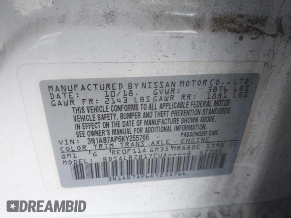 2019 Nissan Sentra SV with VIN 3N1AB7AP6KY255766, listed as a IAAI auction lot 41993515 with 121,233 mi miles and . Bid and sale history available at DreamBid. Image 9.
