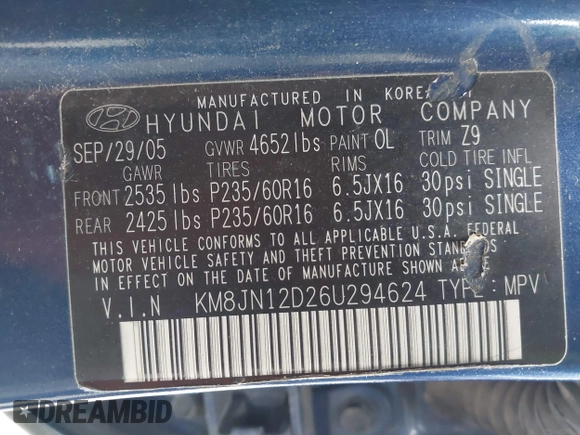 2006 Hyundai Tucson GLS with VIN KM8JN12D26U294624, listed as a IAAI auction lot 41853785 with 217,113 mi miles. Bid and sale history available at carsss.com. Image 9.