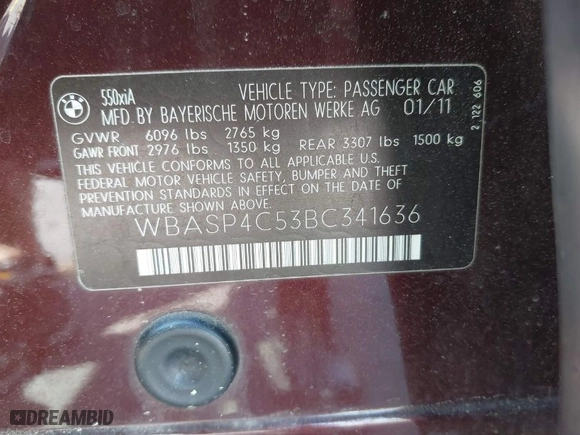 2011 BMW 5 Series Gran Turismo 550i xDrive with VIN WBASP4C53BC341636, listed as a IAAI auction lot 41883438 with 203,526 mi miles. Bid and sale history available at carsss.com. Image 9.