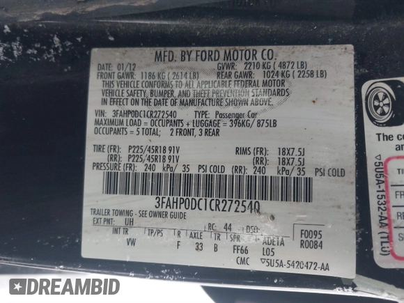 2012 Ford Fusion SPORT with VIN 3FAHP0DC1CR272540, listed as a IAAI auction lot 41454578 with 141,308 mi miles. Bid and sale history available at carsss.com. Image 9.
