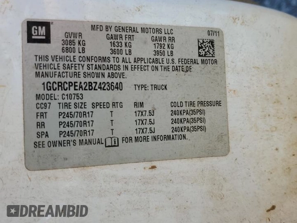 2011 Chevrolet Silverado 1500 Work Truck with VIN 1GCRCPEA2BZ423640, listed as a Copart auction lot 49604965 with 404,038 mi miles and Salvage Title. Bid and sale history available at DreamBid. Image 12.