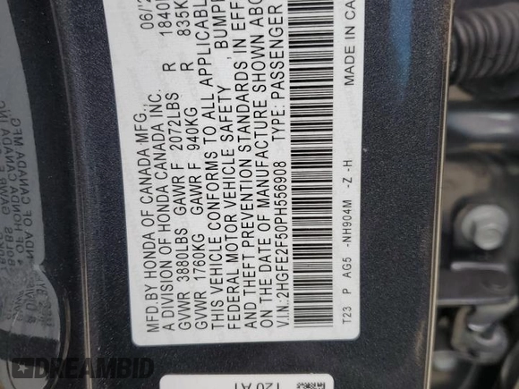 2023 Honda Civic Sport z VIN 2HGFE2F50PH556908, wystawiony jako Copart lot #52789655 z przebiegiem Nie podano mil oraz Szkoda całkowita • Salvage title. Historia ofert i sprzedaży dostępna na DreamBid. Obrazek 14.