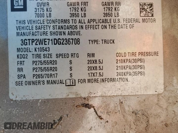 2013 GMC Sierra 1500 SLT with VIN 3GTP2WE71DG236708, listed as a Copart auction lot 50181885 with 205,620 mi miles and Salvage title. Bid and sale history available at DreamBid. Image 14.