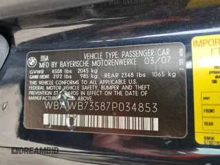 2007 BMW 3 Series 335i with VIN WBAWB73587P034853, listed as a Copart auction lot 61181285 with 108,147 mi miles and Salvage title. Bid and sale history available at DreamBid. Image 12.