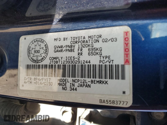 2003 Toyota ECHO with VIN JTDBT123930291244, listed as a Copart auction lot 51801605 with 378,723 mi miles and Salvage Title. Bid and sale history available at carsss.com. Image 12.