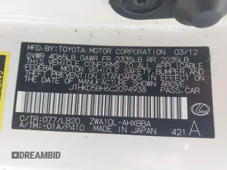 2012 Lexus CT CT 200h with VIN JTHKD5BH6C2094938, listed as a IAAI auction lot 41823429 with 164,485 mi miles and . Bid and sale history available at carsss.com. Image 9.