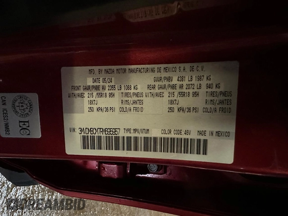 2024 Mazda CX-30 S Preferred z VIN 3MVDMBCM7RM695957, wystawiony jako Copart lot #61629925 z przebiegiem 21 752 mil mil oraz Szkoda całkowita • Salvage title. Historia ofert i sprzedaży dostępna na DreamBid. Obrazek 9.
