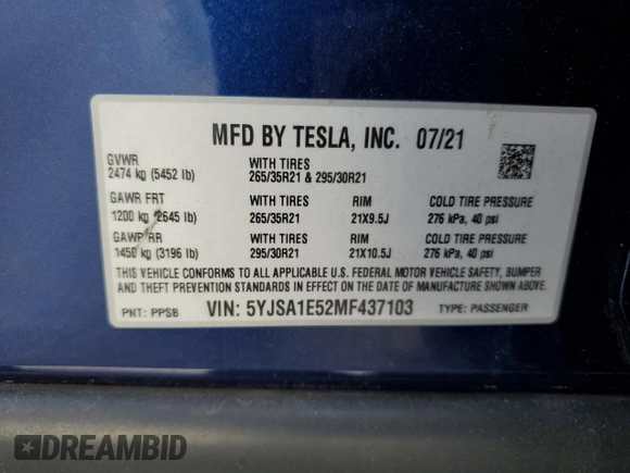 2021 Tesla Model S Long Range z VIN 5YJSA1E52MF437103, wystawiony jako Copart lot #55533515 z przebiegiem 59 015 mil mil oraz Szkoda całkowita • Salvage title. Historia ofert i sprzedaży dostępna na DreamBid. Obrazek 13.