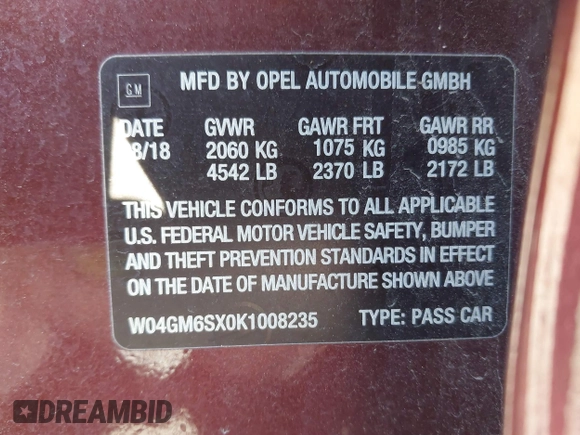 2019 Buick Regal Preferred II with VIN W04GM6SX0K1008235, listed as a IAAI auction lot 41315020 with 77,008 mi miles and . Bid and sale history available at DreamBid. Image 9.