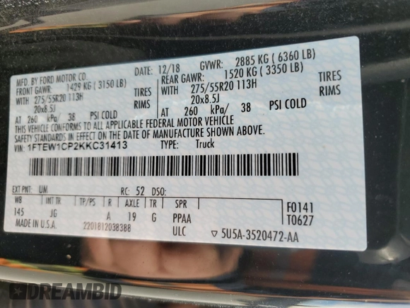 2019 Ford F-150 XL with VIN 1FTEW1CP2KKC31413, listed as a Copart auction lot 89311365 with Not provided miles and Salvage title. Bid and sale history available at DreamBid. Image 12.