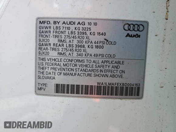 2011 Audi Q7 Premium Plus с VIN WA1LMAFEXBD004153, выставлен на аукционе Copart как лот 55848275 с пробегом 153 167 миль миль и Списание • Salvage title. История ставок и продаж доступна на DreamBid. Изображение 13.