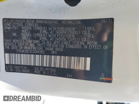 2012 Toyota Sienna LE с VIN 5TDJK3DC2CS044393, выставлен на аукционе Copart как лот 63579595 с пробегом 152 636 миль миль и Списание • Salvage title. История ставок и продаж доступна на DreamBid. Изображение 13.