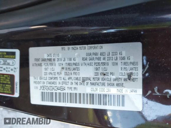 2010 Mazda CX-7 Touring z VIN JM3ER2W33A0344584, wystawiony jako IAAI lot #41290665 z przebiegiem Nie podano mil oraz . Historia ofert i sprzedaży dostępna na DreamBid. Obrazek 8.