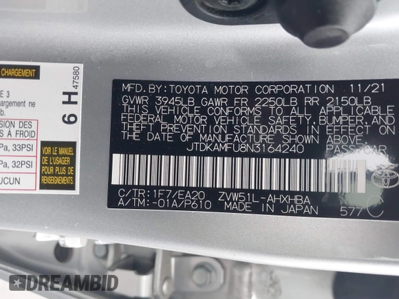 2022 Toyota Prius L Eco with VIN JTDKAMFU8N3164240, listed as a IAAI auction lot 41892462 with 35,980 mi miles and . Bid and sale history available at DreamBid. Image 9.