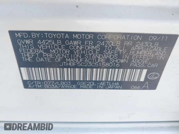 2012 Lexus IS 250 with VIN JTHBF5C23C5158016, listed as a IAAI auction lot 42106392 with 152,716 mi miles and . Bid and sale history available at DreamBid. Image 9.