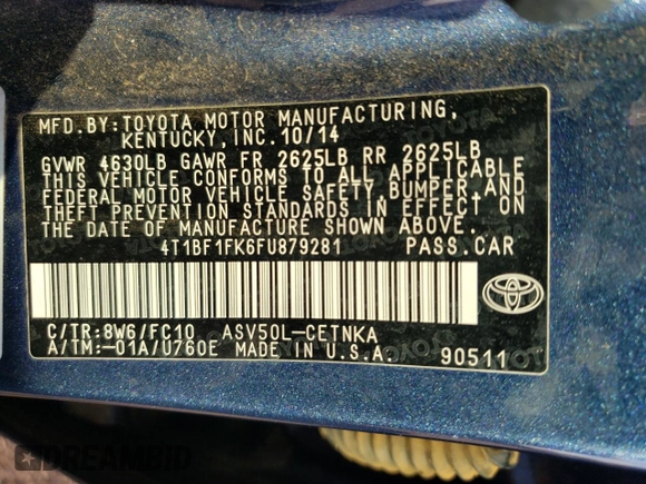 2015 Toyota Camry XLE with VIN 4T1BF1FK6FU879281, listed as a Copart auction lot 84822704 with 177,938 mi miles and Salvage Title. Bid and sale history available at carsss.com. Image 12.