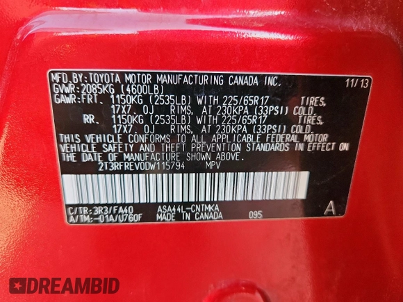2013 Toyota RAV4 XLE with VIN 2T3RFREV0DW115794, listed as a Copart auction lot 63698815 with Not provided miles and Salvage title. Bid and sale history available at DreamBid. Image 14.