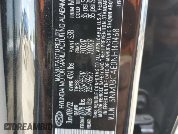 2022 Hyundai Tucson SEL with VIN 5NMJBCAE0NH140468, listed as a Copart auction lot 53829775 with 41,794 mi miles and Salvage Title. Bid and sale history available at DreamBid. Image 13.