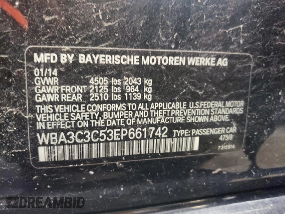 2014 BMW 3 Series 320i xDrive with VIN WBA3C3C53EP661742, listed as a Copart auction lot 62230775 with Not provided miles and Clean title. Bid and sale history available at DreamBid. Image 12.