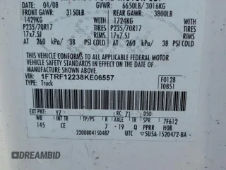 2008 Ford F-150 XL with VIN 1FTRF12238KE06557, listed as a Copart auction lot 87107984 with 192,617 mi miles and Salvage title. Bid and sale history available at DreamBid. Image 12.