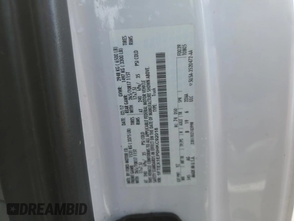 2017 Ford F-150 XL z VIN 1FTEX1EP0HKC92018, wystawiony jako Copart lot #56705705 z przebiegiem 95 283 mil mil oraz Szkoda całkowita • Salvage title. Historia ofert i sprzedaży dostępna na DreamBid. Obrazek 12.
