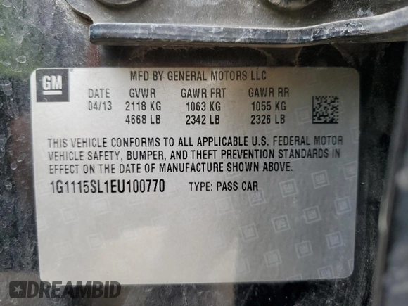 2014 Chevrolet Impala LT с VIN 1G1115SL1EU100770, выставлен на аукционе Copart как лот 57515655 с пробегом 109 165 миль миль и Списание • Salvage title. История ставок и продаж доступна на DreamBid. Изображение 12.