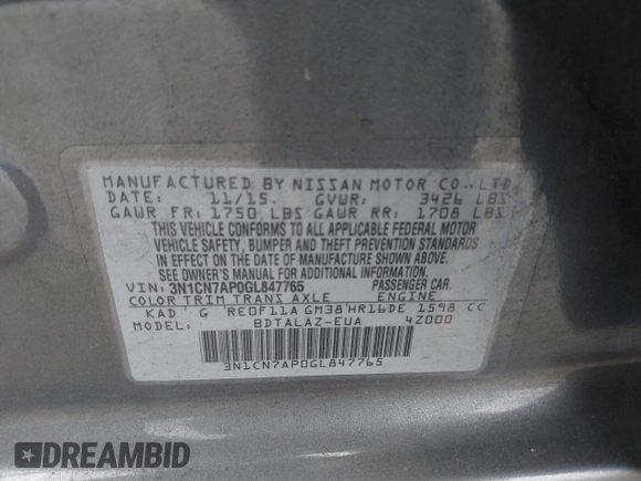 2016 Nissan Versa S Plus с VIN 3N1CN7AP0GL847765, выставлен на аукционе IAAI как лот 41836037 с пробегом 128 586 миль миль и . История ставок и продаж доступна на DreamBid. Изображение 9.