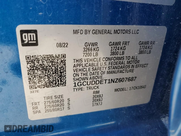 2022 Chevrolet Silverado 1500 LT with VIN 1GCUDDET1NZ607687, listed as a Copart auction lot 88937675 with 59,934 mi miles and Salvage Title. Bid and sale history available at DreamBid. Image 12.