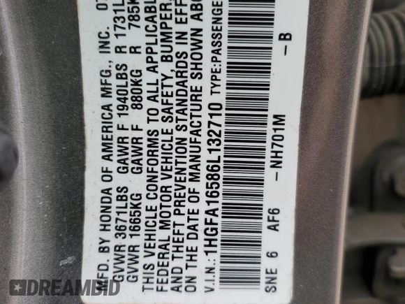 2006 Honda Civic LX z VIN 1HGFA16586L132710, wystawiony jako Copart lot #55261865 z przebiegiem 143 679 mil mil oraz Szkoda całkowita • Salvage title. Historia ofert i sprzedaży dostępna na DreamBid. Obrazek 12.