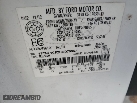 2013 Ford F-150 XL с VIN 1FTNF1CF2DKD70967, выставлен на аукционе Copart как лот 44536975 с пробегом 352 017 миль миль и Списание • Salvage title. История ставок и продаж доступна на DreamBid. Изображение 12.