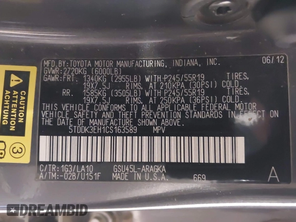 2012 Toyota Highlander Limited with VIN 5TDDK3EH1CS163589, listed as a IAAI auction lot 42598666 with 149,078 mi miles and . Bid and sale history available at DreamBid. Image 9.
