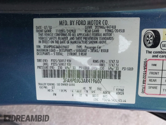 2010 Ford Fusion SEL with VIN 3FAHP0JG3AR419607, listed as a IAAI auction lot 41899712 with 147,962 mi miles. Bid and sale history available at carsss.com. Image 9.