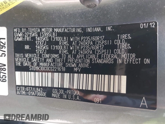 2012 Toyota Sienna XLE AAS z VIN 5TDYK3DC0CS221618, wystawiony jako IAAI lot #41983806 z przebiegiem 200 851 mil mil oraz . Historia ofert i sprzedaży dostępna na DreamBid. Obrazek 9.