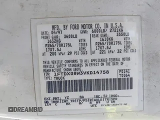 1997 Ford F-150 с VIN 1FTDX08W3VKD14758, выставлен на аукционе IAAI как лот 42491545 с пробегом 154 640 миль миль и . История ставок и продаж доступна на DreamBid. Изображение 9.