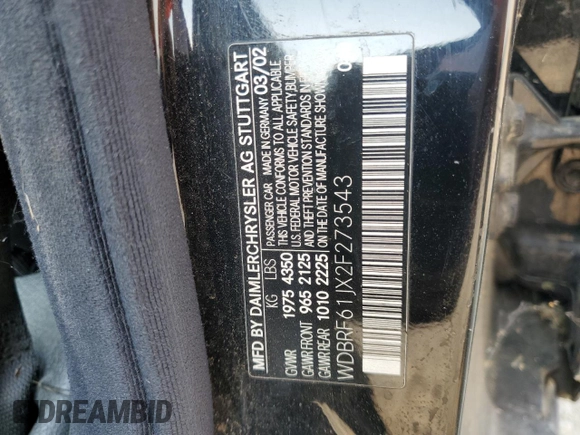2002 Mercedes-Benz C 230/260/280/320 с VIN WDBRF61JX2F273543, выставлен на аукционе Copart как лот 64658185 с пробегом Не указан миль и Чистый • Clean title. История ставок и продаж доступна на DreamBid. Изображение 12.