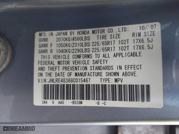 2008 Honda CR-V LX with VIN JHLRE48368C015467, listed as a IAAI auction lot 42046946 with 188,723 mi miles. Bid and sale history available at carsss.com. Image 9.