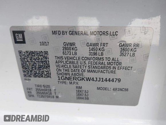 2018 Chevrolet Traverse LT Cloth with VIN 1GNERGKW4JJ144479, listed as a IAAI auction lot 41839641 with 136,404 mi miles. Bid and sale history available at carsss.com. Image 9.