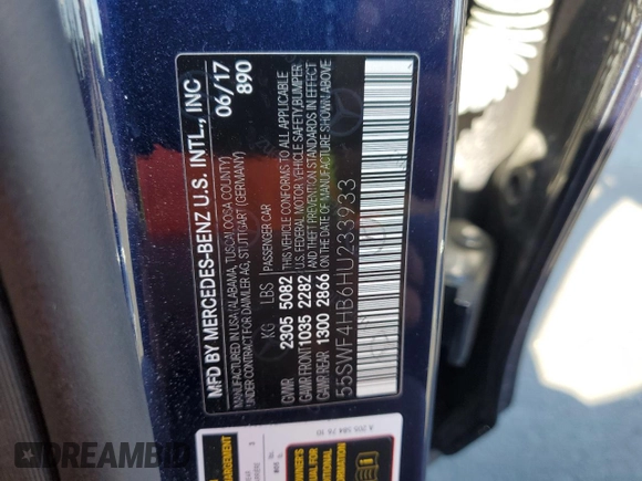 2017 Mercedes-Benz C 350e with VIN 55SWF4HB6HU233933, listed as a Copart auction lot 53337505 with 47,088 mi miles and Salvage Title. Bid and sale history available at DreamBid. Image 15.