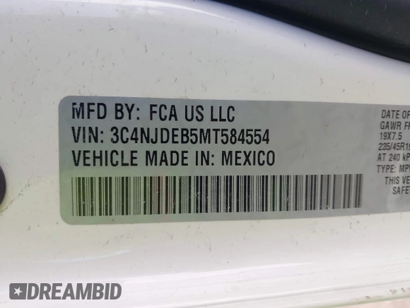 2021 Jeep Compass 80th Anniversary with VIN 3C4NJDEB5MT584554, listed as a IAAI auction lot 41705784 with 56,213 mi miles and . Bid and sale history available at DreamBid. Image 9.