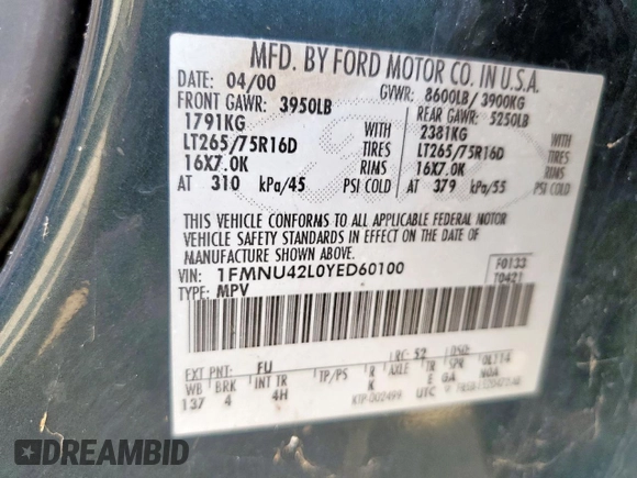 2000 Ford Excursion Limited z VIN 1FMNU42L0YED60100, wystawiony jako Copart lot #58760345 z przebiegiem 239 477 mil mil oraz Szkoda całkowita • Salvage title. Historia ofert i sprzedaży dostępna na DreamBid. Obrazek 13.