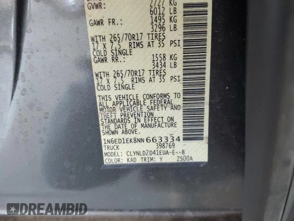 2022 Nissan Frontier SV with VIN 1N6ED1EK8NN663334, listed as a Copart auction lot 61857445 with 29,747 mi miles and Salvage title. Bid and sale history available at DreamBid. Image 12.