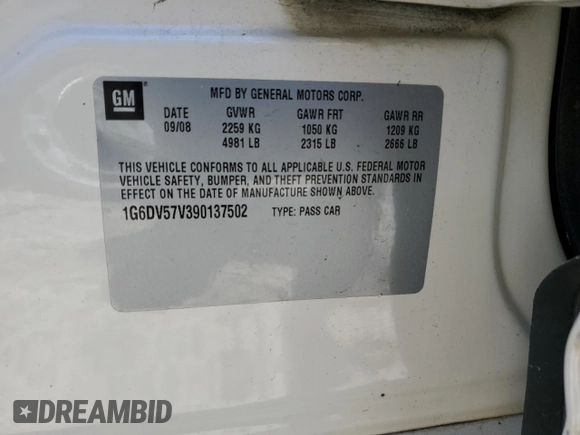 2009 Cadillac CTS RWD with VIN 1G6DV57V390137502, listed as a Copart auction lot 52141235 with 218,772 mi miles and Salvage Title. Bid and sale history available at DreamBid. Image 12.