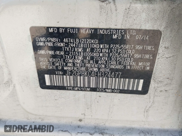 2014 Subaru Crosstrek Touring with VIN JF2GPBKC4EH324477, listed as a IAAI auction lot 41842333 with 154,192 mi miles and . Bid and sale history available at DreamBid. Image 9.