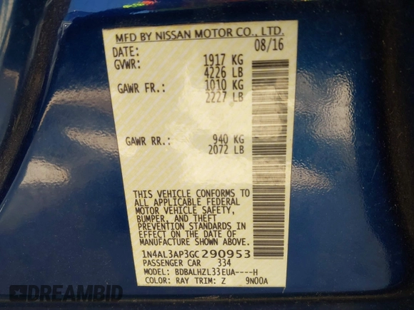 2016 Nissan Altima SL with VIN 1N4AL3AP3GC290953, listed as a IAAI auction lot 42003026 with 153,869 mi miles and . Bid and sale history available at carsss.com. Image 9.