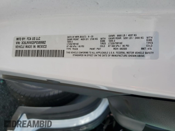 2023 Ram ProMaster Cargo with VIN 3C6LRVVG5PE589982, listed as a Copart auction lot 65990094 with 11,410 mi miles and Salvage Title. Bid and sale history available at DreamBid. Image 13.