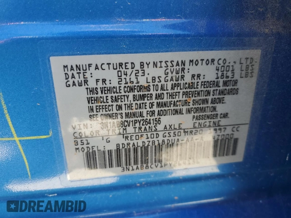 2023 Nissan Sentra SV with VIN 3N1AB8CV1PY264156, listed as a Copart auction lot 53453585 with 47,567 mi miles and Salvage Title. Bid and sale history available at DreamBid. Image 12.