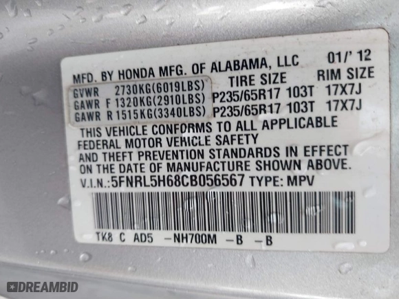 2012 Honda Odyssey EX-L with VIN 5FNRL5H68CB056567, listed as a IAAI auction lot 41014382 with 101,885 mi miles. Bid and sale history available at carsss.com. Image 9.